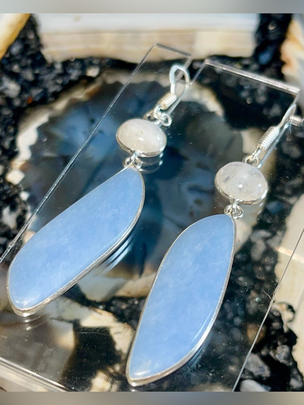 Soft Blue Anhydrite Angelite & Rainbow Moonstone Crystal Earrings 2”